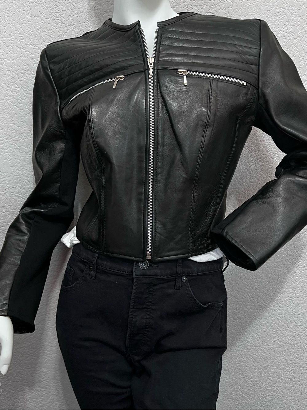 Cache Black Quilted Yoke Leather Zip Jacket